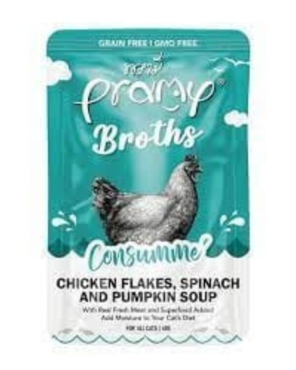 PRAMY WET CAT FOOD BROTHS ( CONSUMME' CHICKEN FLAKES, SPINACH AND PUMPKIN SOUP ) 40G CS3
