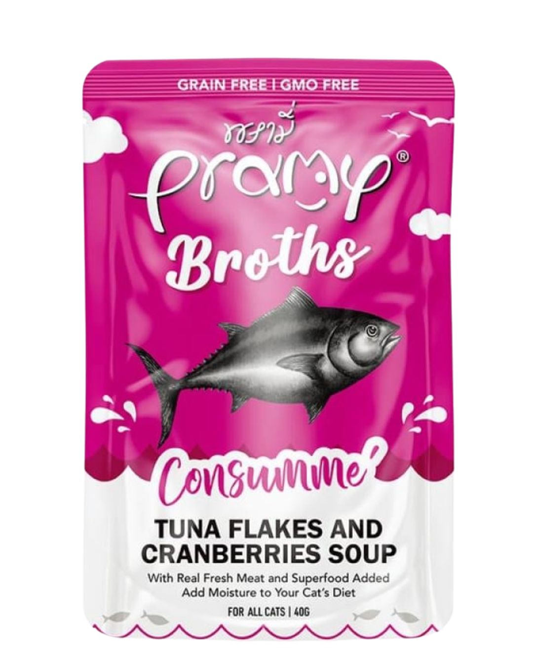 PRAMY WET CAT FOOD BROTHS ( CONSUMME’ TUNA FLAKES AND CRANBERRIES SOUP ) 40G CS4