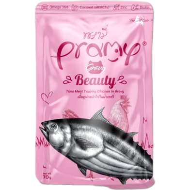 PRAMY WET CAT FOOD BEAUTY ( TUNA MEAT TOPPING CHICKEN IN GRAVY ) 70G GR2