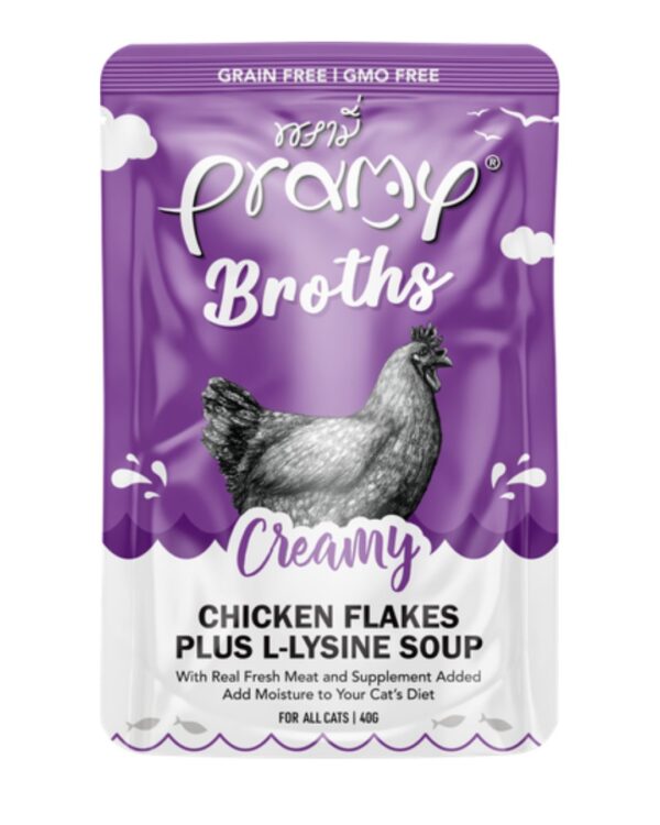 PRAMY WET CAT FOOD BROTHS ( CREAMY CHICKEN FLAKES PLUS L-LYSINE SOUP ) 40G CS1